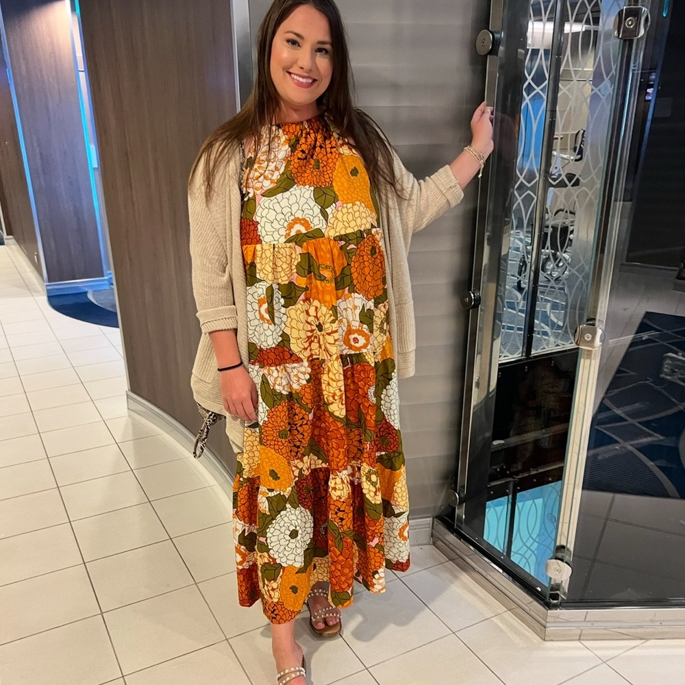 Impressions Retro Floral Maxi Dress in Orange, White & Green
